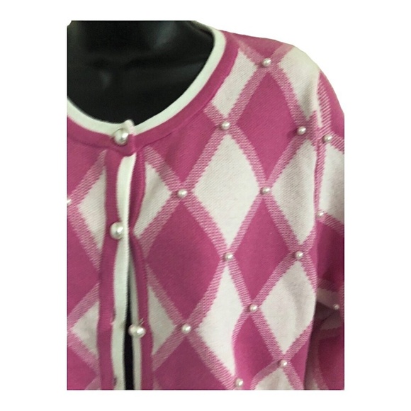 Nanette Lepore pink white diamond print long sleeve cardigan sweater size medium - Picture 6 of 9